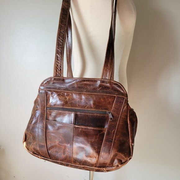 VINTAGE BROWN GENUINE LEATHER DISTRESSED SHOULDER BAG LARGE - Picture 1 of 15